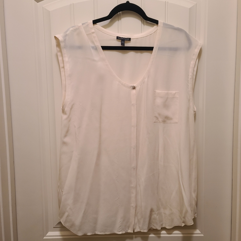 Eileen Fisher Womens L 100% Silk Ivory Neutral Top Button Front Sleeveless